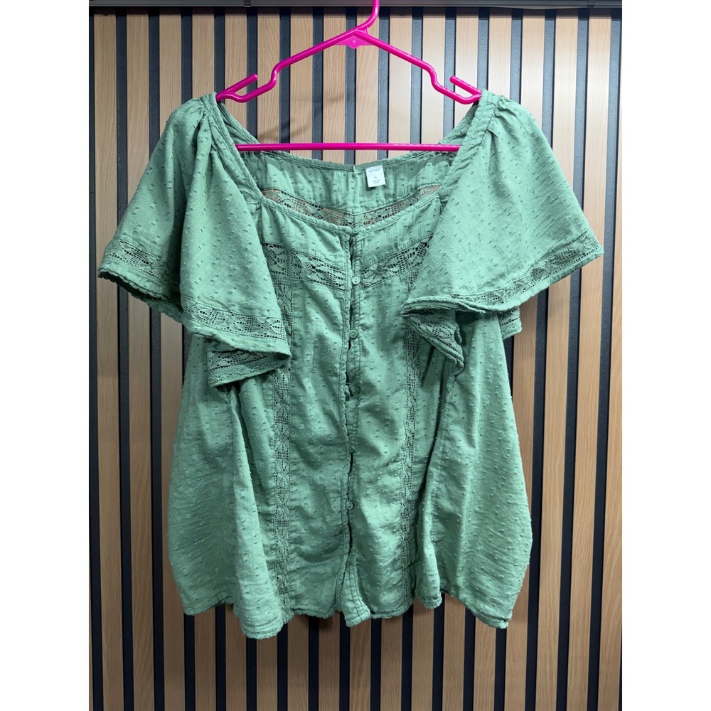 Old Navy Womens XL Green Swiss Dot Flutter Sleeve Crochet Lace Button Front Top